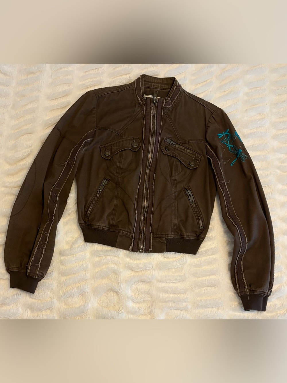 UNIQUE Sugar Brown Bomber Jacket with Turquoise Embroidery